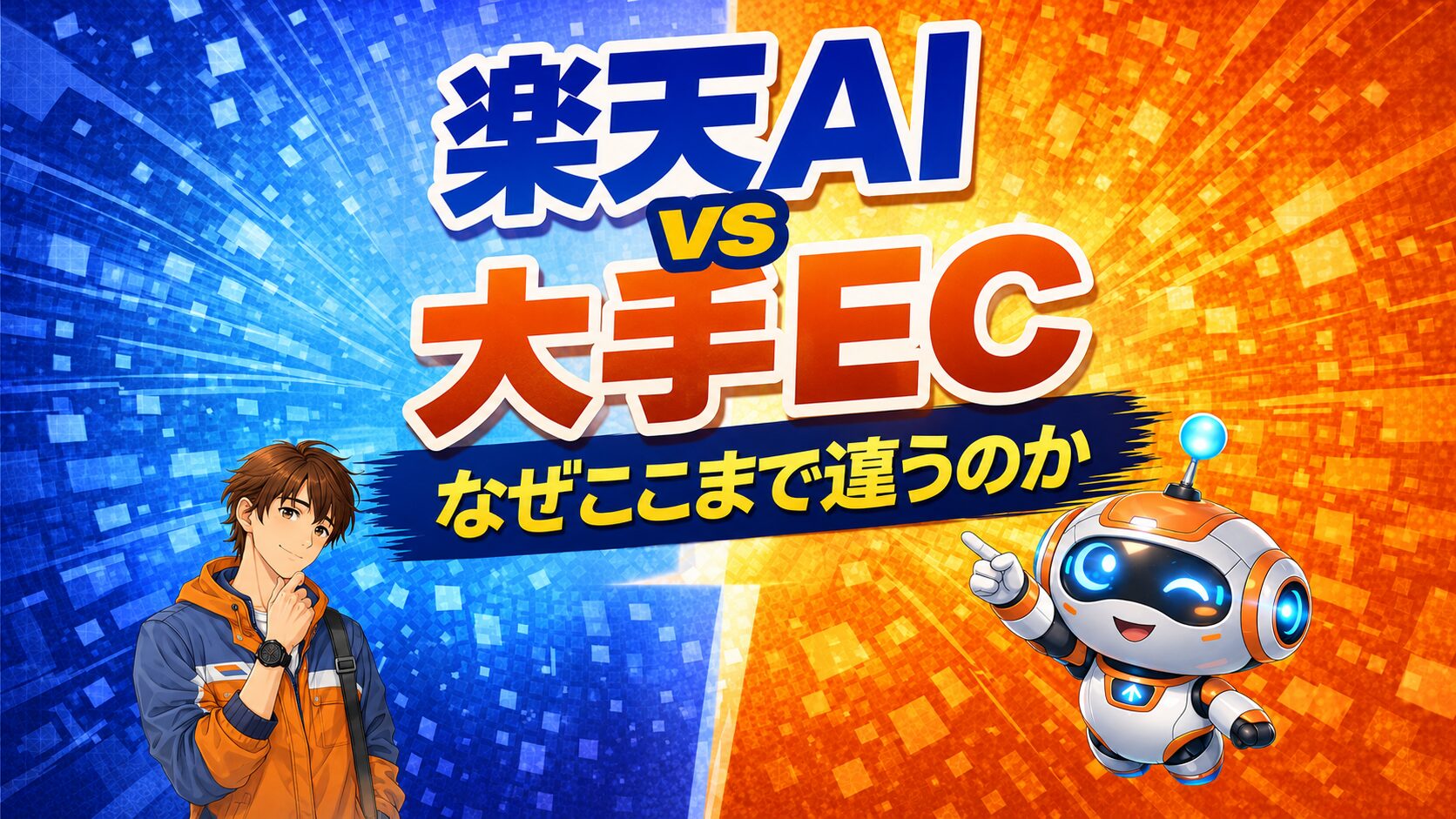 楽天AIと大手ECのAI物流の違いをテーマにしたアイキャッチ画像。青とオレンジに分かれた背景の中央に「楽天AI vs 大手EC なぜここまで違うのか」という大きな見出しが配置され、左下には考える表情の若い男性、右下には指を差す小さなロボットキャラクターが描かれている。企業ごとのAI活用や物流システムの考え方の違いを、対比構図でわかりやすく表現している。
