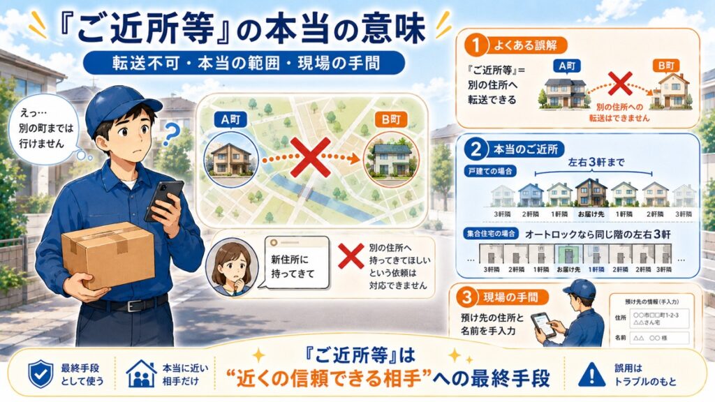 ご近所等の配達指示について、別住所への転送はできないこと、実際の範囲は左右3軒までであること、預け先情報の手入力が必要になることを示した図解イラスト