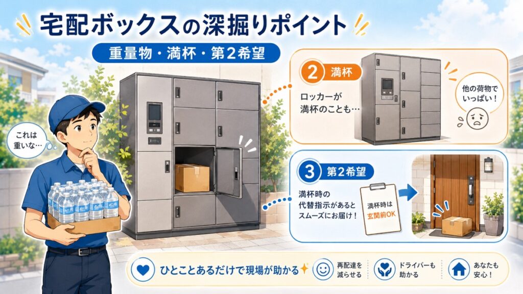 宅配ボックス利用時の注意点を示す図解。重い荷物、満杯で入らない場合、満杯時は玄関前OKなど第2希望を書く重要性を説明している