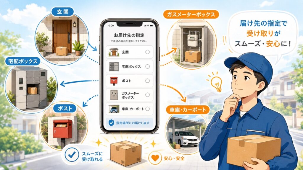 配達指示の選び方を示す図解。玄関前、宅配ボックス、ポスト、ガスメーターボックス、車庫などの受け取り場所が並んでいる