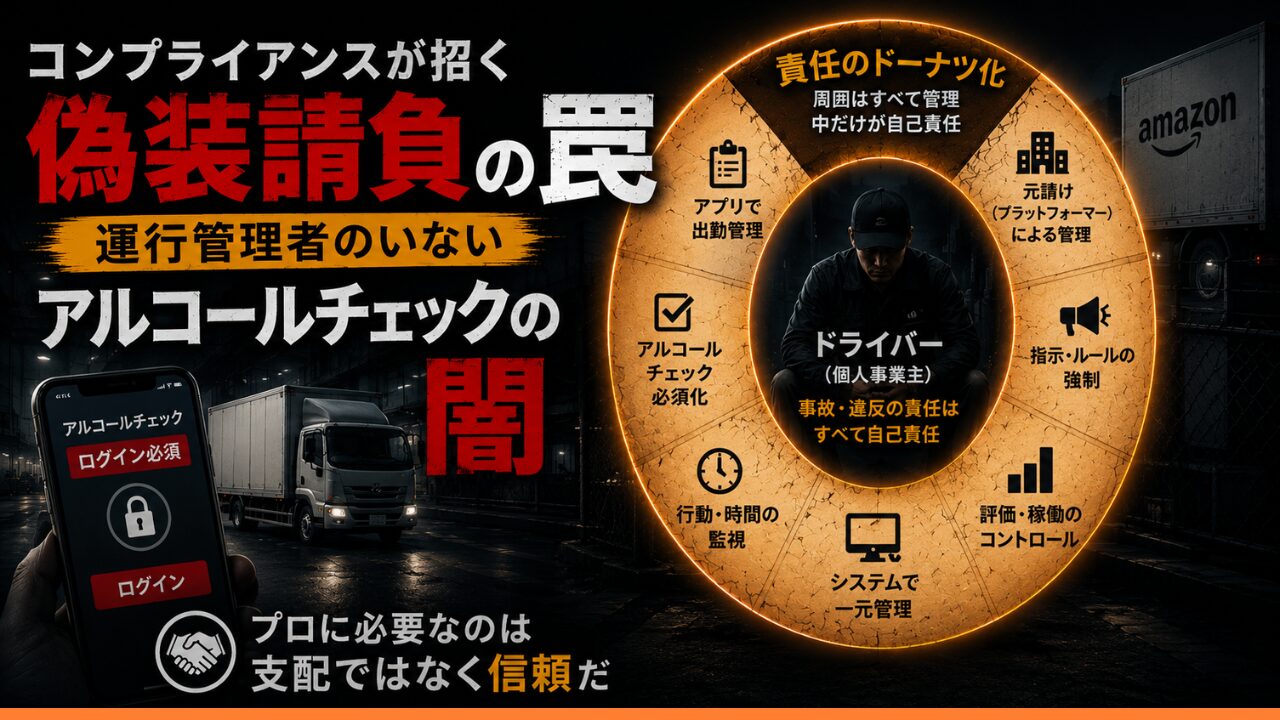 コンプライアンスを理由にしたアルコールチェック管理と、個人事業主ドライバーを取り巻く“責任のドーナツ化”構造を表現したLogi Compassのアイキャッチ画像。中央には管理システムに囲まれたドライバー、周囲には監視・アプリ管理・ログイン強制などの構造が描かれている。