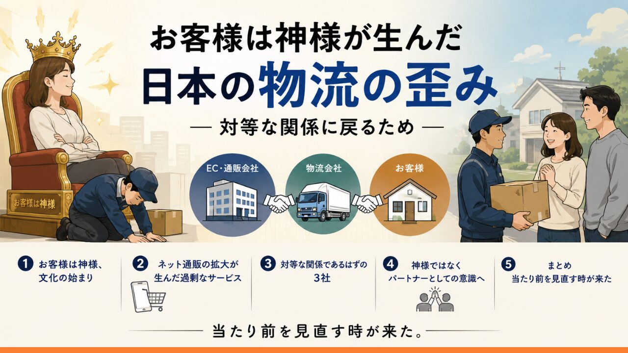 「お客様は神様」文化によって生まれた日本物流の歪みをテーマに、配達員・物流会社・受け取り側の関係を描いたLogi Compassのアイキャッチ画像。左側には“お客様は神様”として描かれた構図、右側には対等なパートナー関係として荷物を受け取る場面が描かれている。