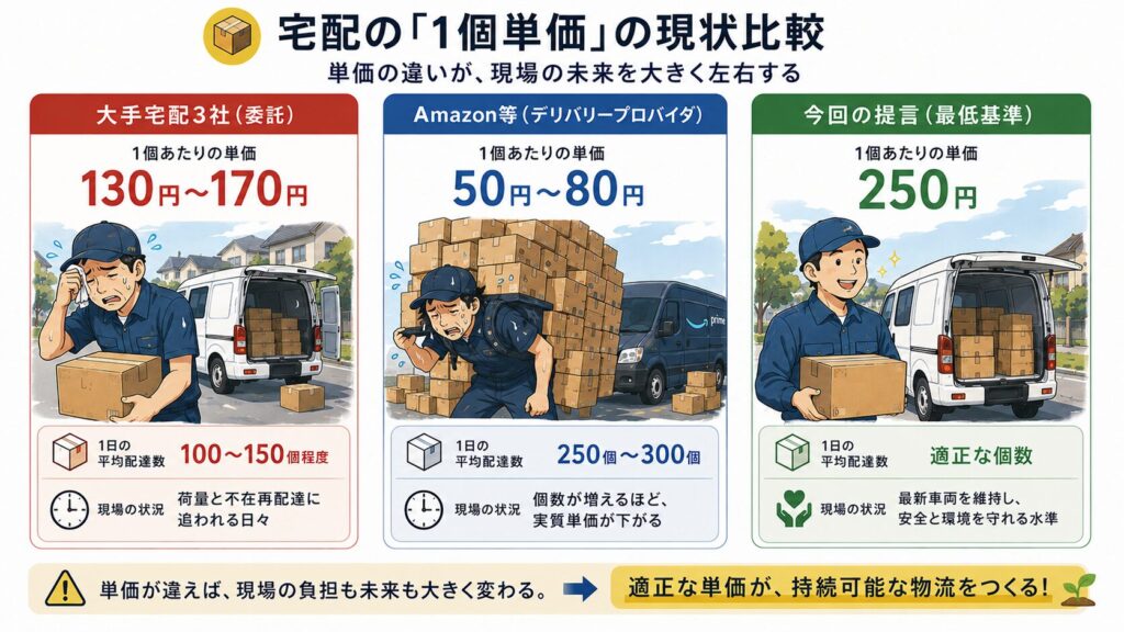 宅配業界の「1個単価」の違いを、大手宅配3社・Amazon系配送・理想的な適正単価の3パターンで比較した図解イラスト。大量の荷物に追われ疲弊するドライバーと、適正な単価で安全に働ける理想的な配送環境を対比し、単価の違いが現場負担や物流の未来に大きく影響していることを視覚的に表現している。