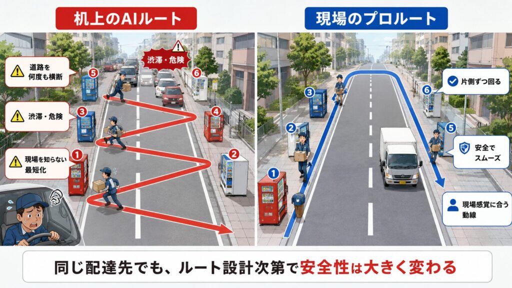 机上のAIルートと現場のプロルートを比較し、AIが道路を何度も横断する危険なジグザグ動線を指示する一方で、現場のプロは片側ずつ安全に回るルートを選び、同じ配達先でも設計次第で安全性が大きく変わることを示した図解イラスト。