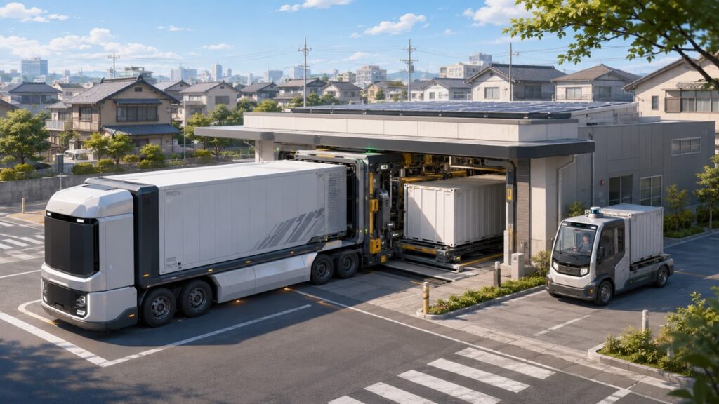住宅街の入口にある近未来の地域物流ハブで、無人の自動運転大型コンテナ車が着脱式コンテナを交換し、半自動運転の小型配送車へ荷物を引き継ぐ仕組みを描いた物語調のイラスト。