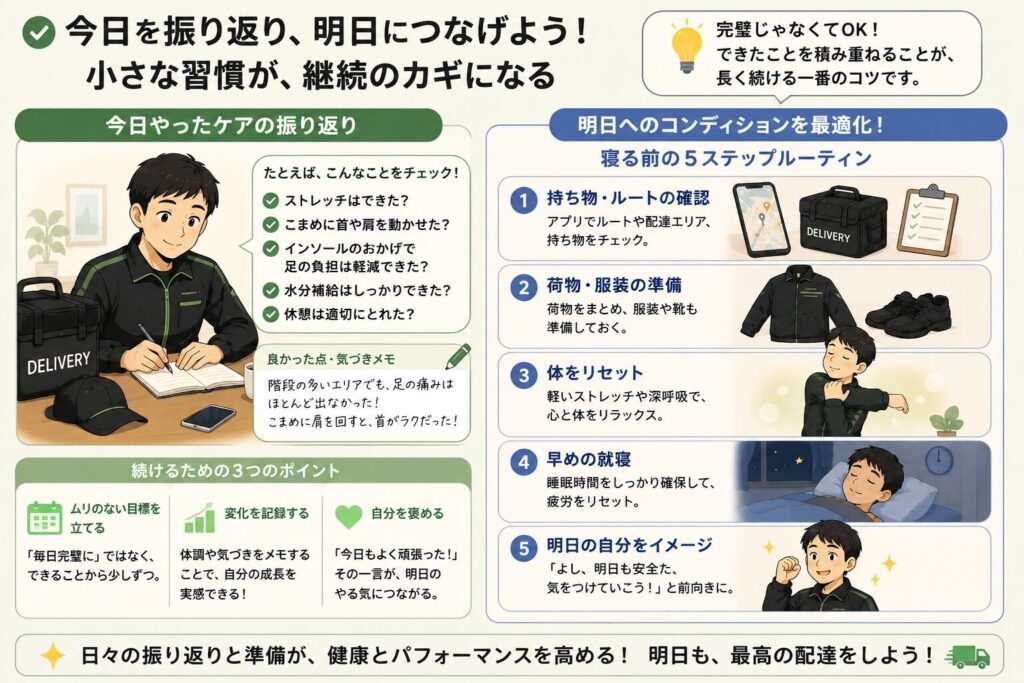 配達後の振り返りと翌日の準備をまとめた図解イラスト。ストレッチや水分補給、体調メモ、持ち物確認、早めの就寝など、配達員が健康とパフォーマンスを保つための習慣を示している

