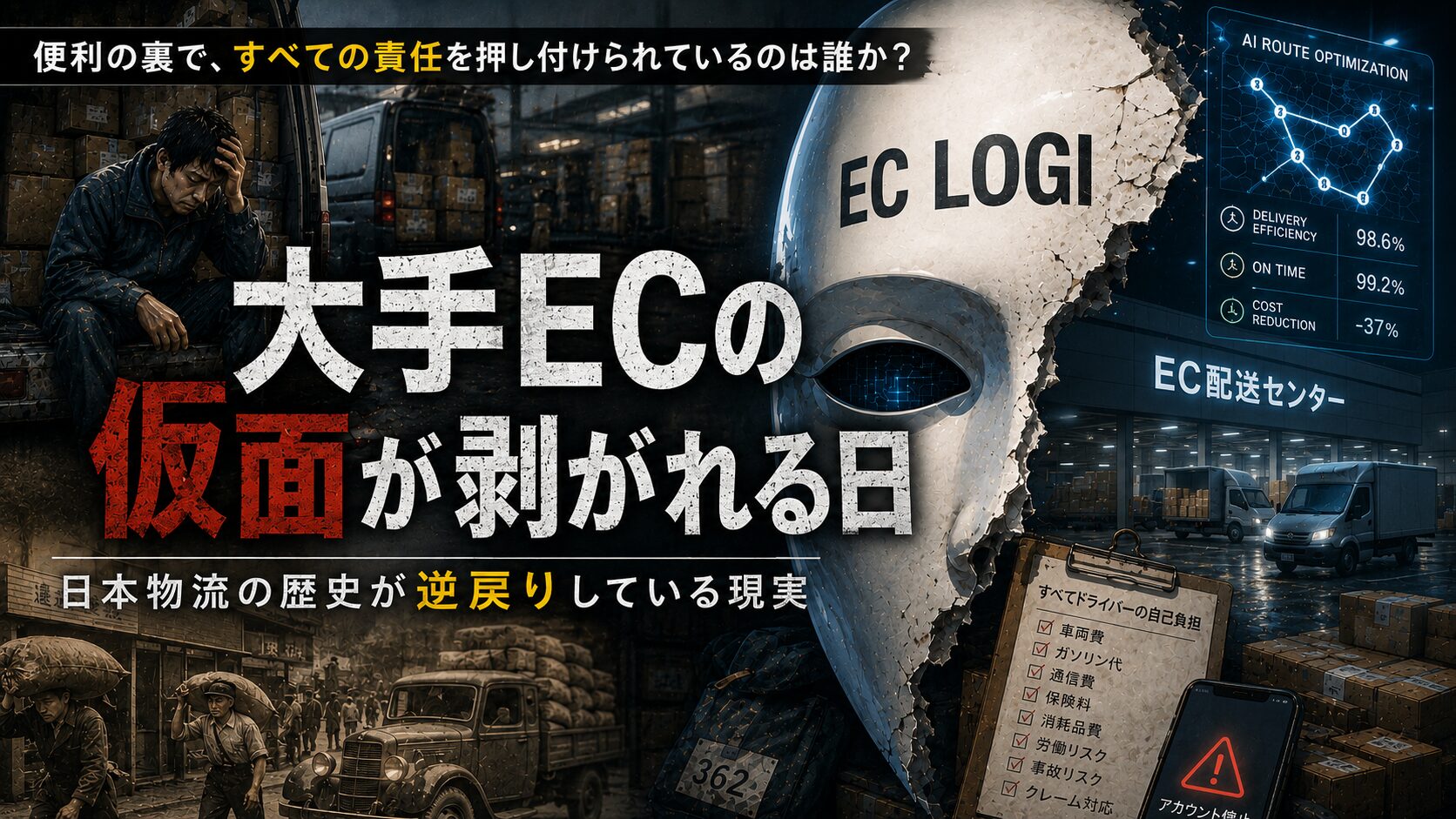大手ECの便利さの裏側で、配達ドライバーに責任や負担が集中している構造を表したアイキャッチ画像。中央には「大手ECの仮面が剥がれる日」という大きな見出しと、ひび割れた仮面、AIルート最適化の表示、EC配送センターが描かれている。左側には疲弊する配達員や過去の物流風景、右側にはドライバーの自己負担項目やアカウント停止リスクの警告があり、最先端テクノロジーの裏にある責任逃れやコスト転嫁の問題を示している。