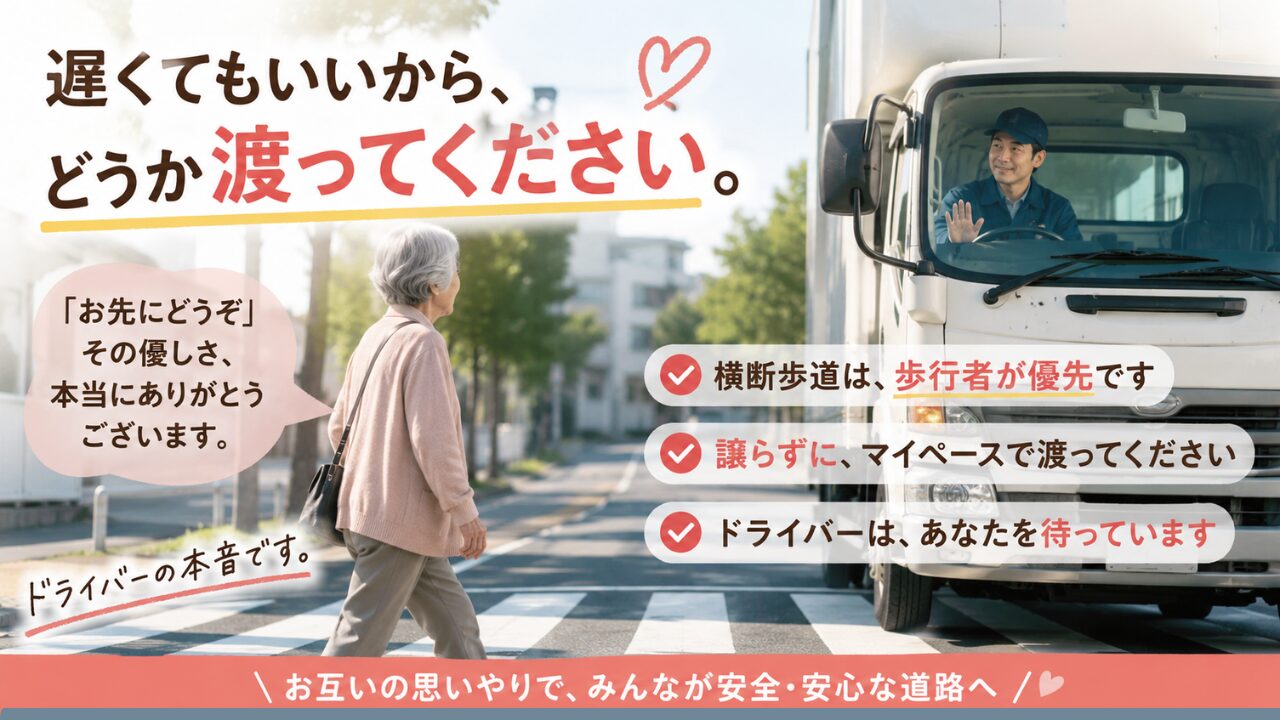 横断歩道をゆっくり渡る高齢女性を、白い配送トラックのドライバーが停止して見守っている。歩行者優先と安全な譲り合いを伝える、明るく穏やかな道路風景のアイキャッチ画像。