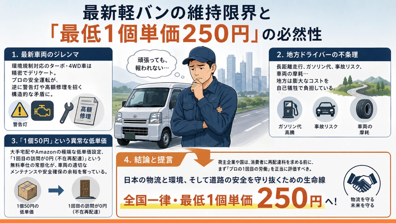 最新の軽貨物車両を維持する個人事業主ドライバーの厳しい現状を描いた図解風アイキャッチ画像。警告灯が点灯した軽バンや大量の荷物、疲弊したドライバーの姿を通して、低単価配送・環境規制・地方配送コスト・不在再配達問題など、ラストワンマイル物流が抱える構造的負担を視覚的に表現している。