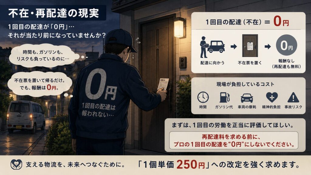 不在の玄関先に不在票を入れる配達ドライバーの後ろ姿を描いた図解イラスト。ドライバーの背中には「0円」と書かれており、1回目の配達が不在だった場合、労働や移動の負担が発生していても報酬が支払われない現状を象徴的に表現している。静かな住宅街と夕暮れの空気感が、配達員の孤独感と見えない負担を強調している。