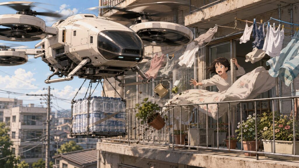 大型配送ドローンが集合住宅のベランダ前に接近し、吊り下げた水ケースを届けようとする一方で、強い風圧により洗濯物や布団、植木鉢が乱れ、住人が驚いて窓を閉めようとしている様子を描いた物語調のイラスト。