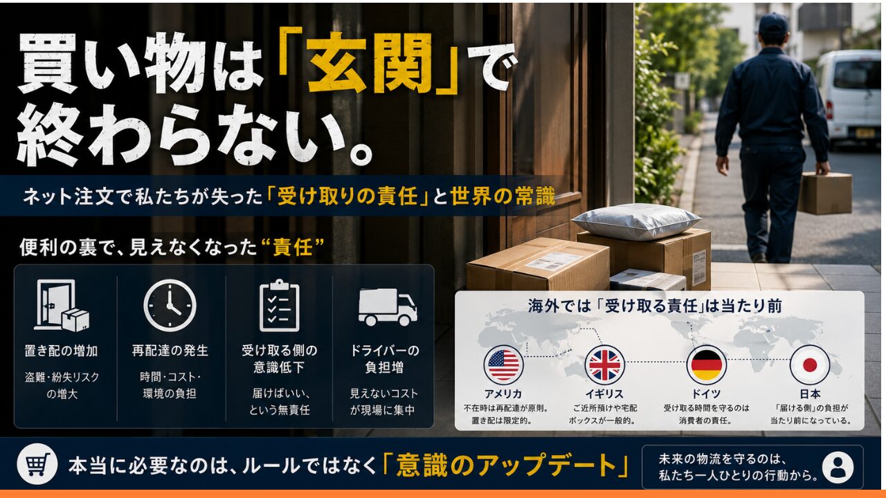 ネット注文で失われつつある「受け取りの責任」をテーマにしたアイキャッチ画像。玄関前に置かれた荷物、配達員の後ろ姿、再配達や置き配、海外との違いを示す図解が配置され、日本の便利さの裏側でドライバー負担が増えていることを表している。