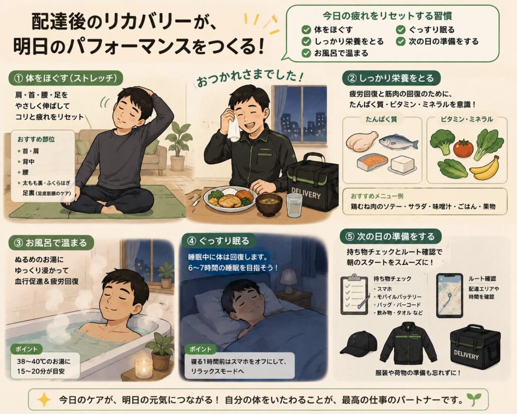配達後の疲れを翌日に残さないために、ストレッチ、栄養のある食事、入浴、睡眠、翌日の準備を整える流れをまとめた体調管理の図解イラスト
