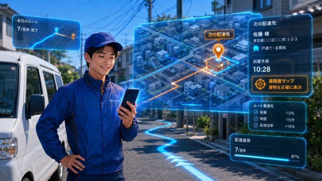 青い制服の配達ドライバーが住宅街でスマートフォンを見ながら立っており、周囲には本日のルート、高精度な住宅地図、次の配達先、到着予測時刻、ルート最適化、配達進捗などを示す未来的なホログラム画面が表示されている。後方には白い配送車が停まり、道路には青く光る案内ルートが伸びている。