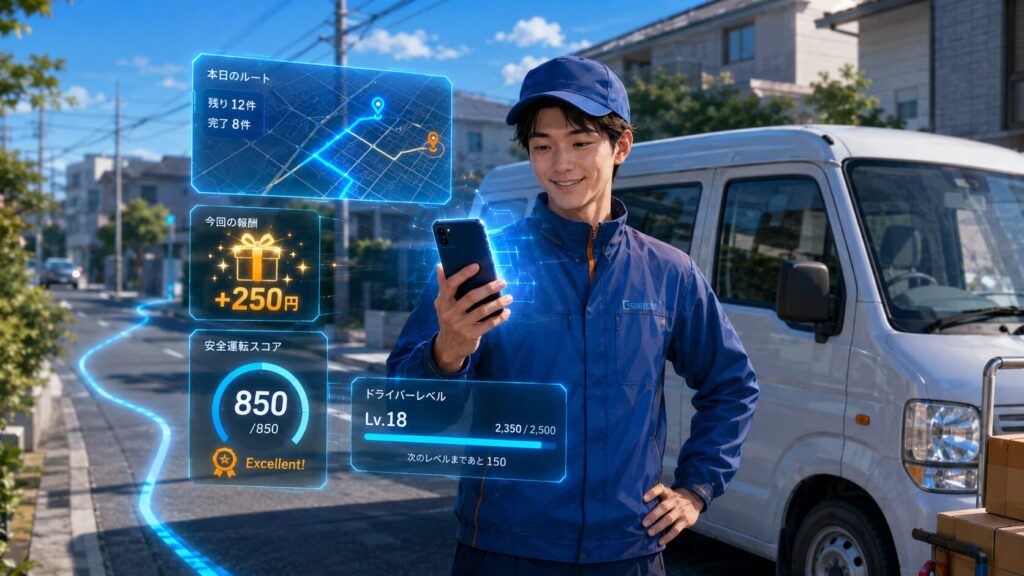青い制服の配達ドライバーが住宅街でスマートフォンを見つめ、その周囲に本日のルート、報酬、満点の安全運転スコア、ドライバーレベルなど未来的な配達アプリの情報がホログラムのように表示されている。後方には白い配送車が停まり、道路には青く光るルートラインが伸びている。