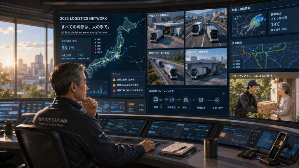 未来の物流管制室で、経験豊かなリモート・キャプテンが無人コンテナ車や地域ハブの運行状況を監視しながら、画面上ではラストワンマイルの配達員が住民に荷物を手渡している様子が映し出され、人間が最後の判断と温かい対応を担う未来の物流を描いた物語調イラスト。