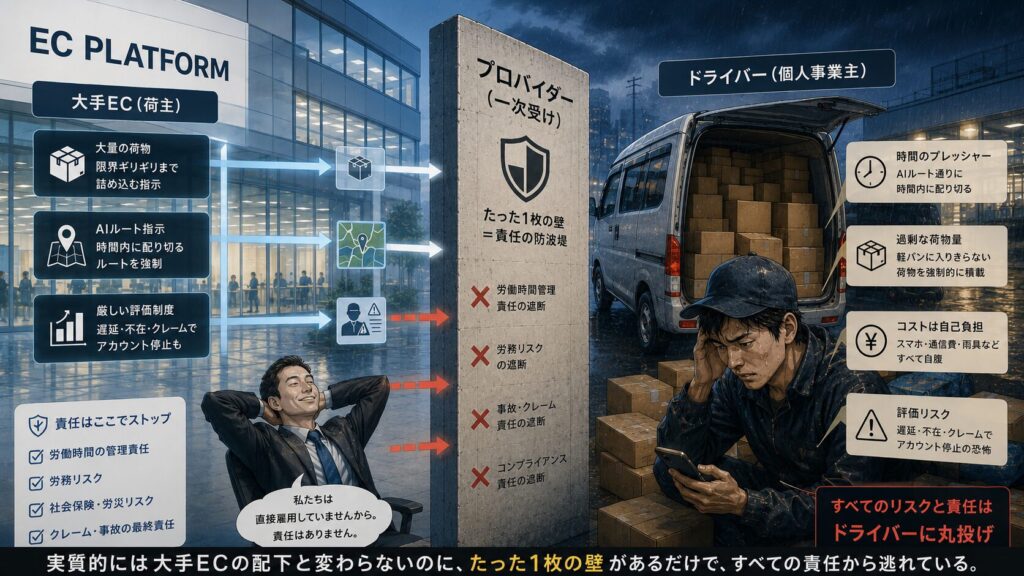 大手EC、一次受けのプロバイダー、個人事業主ドライバーの責任構造を表した図解イラスト。左側では大手ECが荷物量・AIルート・評価制度を指示し、中央のプロバイダーの壁で責任が遮断され、右側では雨の中で大量の荷物と時間・コスト・評価リスクに追われるドライバーが描かれている。責任の所在が曖昧なまま、現場の負担がドライバーに集中していることを示している。