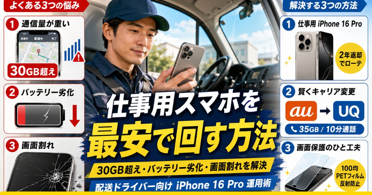 配送ドライバーが車内で仕事用スマホを確認しながら、通信量30GB超え、バッテリー劣化、画面割れといった現場の悩みを、iPhone 16 Proの2年返却運用や料金プラン変更、100均フィルムで解決する方法を示した図解アイキャッチ画像。