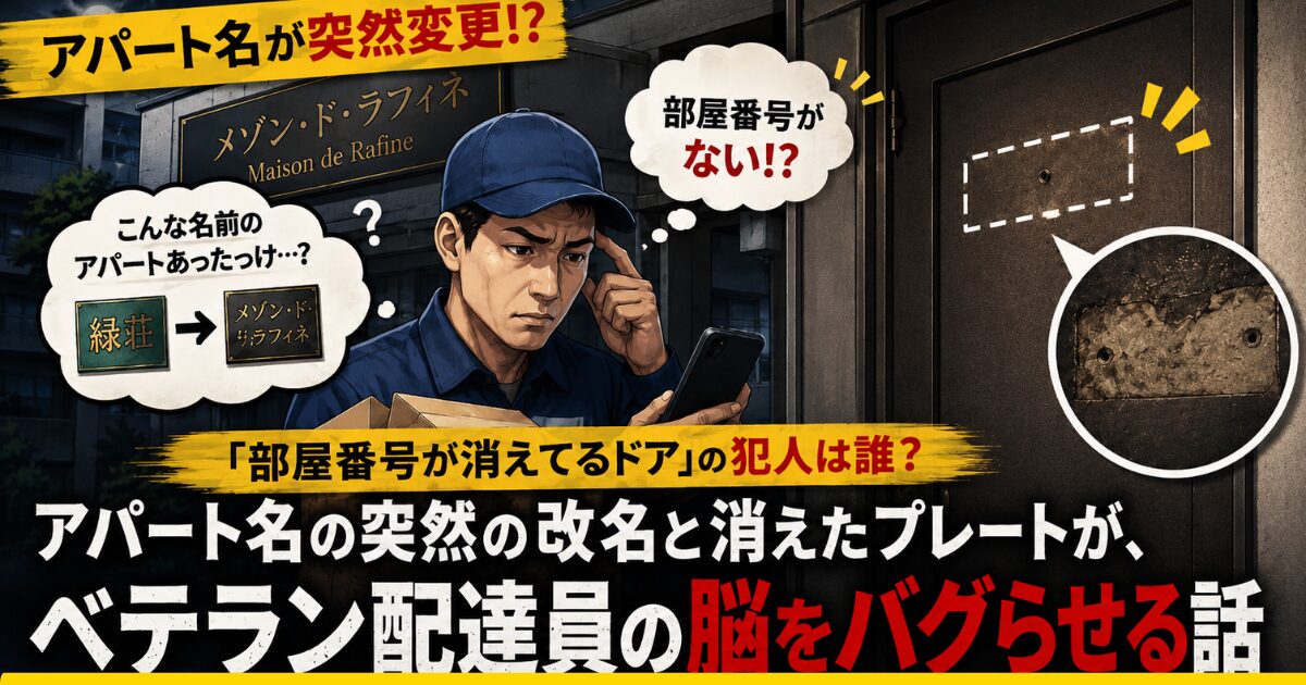 アパート名の突然の変更と、ドアの部屋番号プレートが消えていることで、配達員が建物名や部屋番号の確認に迷っている様子を描いた図解アイキャッチ画像。