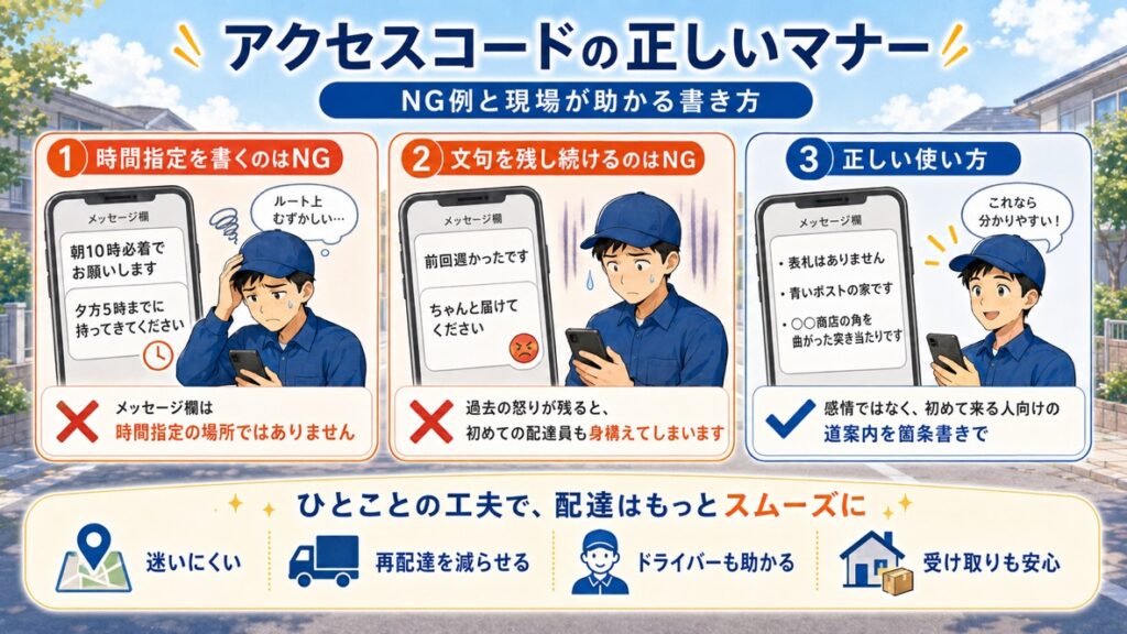 アクセスコードの書き方の良い例と悪い例を比較した図解。時間指定や苦情は避け、道案内を箇条書きで書く大切さを示している