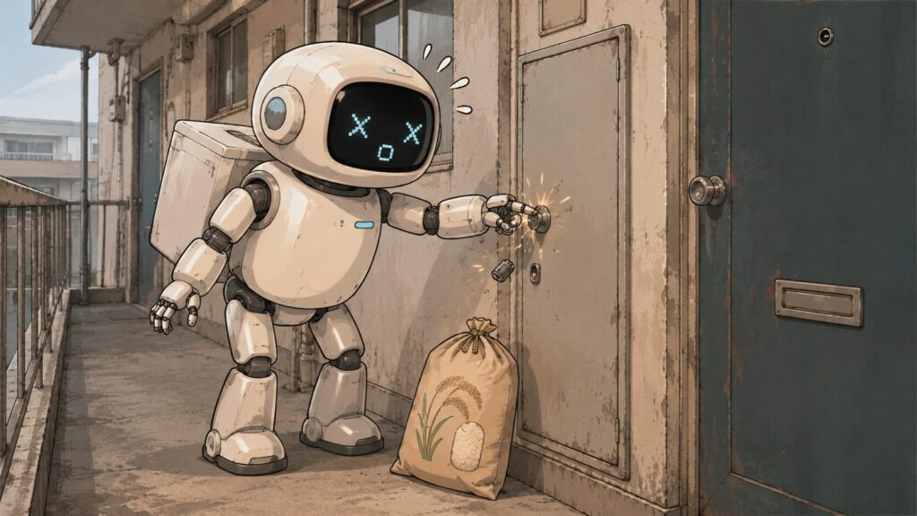 古い集合住宅の外廊下で、配達ロボットが10kgの米袋を足元に置き、ガスメーターボックスの小さな金属つまみを開けようとして指先を壊してしまう様子を描いた物語調のイラスト。