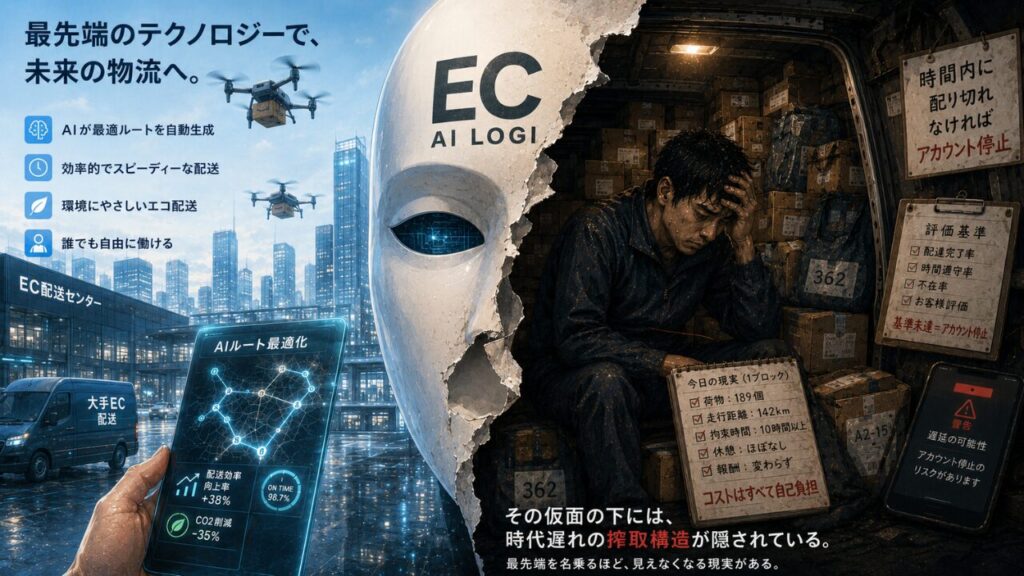 最先端のAI物流が掲げる未来像と、その裏側にある配達現場の負担を対比した図解イラスト。左側にはドローンやAIルート最適化、エコ配送などの明るい未来像が描かれ、中央の仮面の裂け目の奥には、大量の荷物に囲まれて疲弊する配達員の現実が表現されている。効率化や自由な働き方の裏で、時間厳守・評価基準・自己負担などの重圧が現場に集中していることを示している。