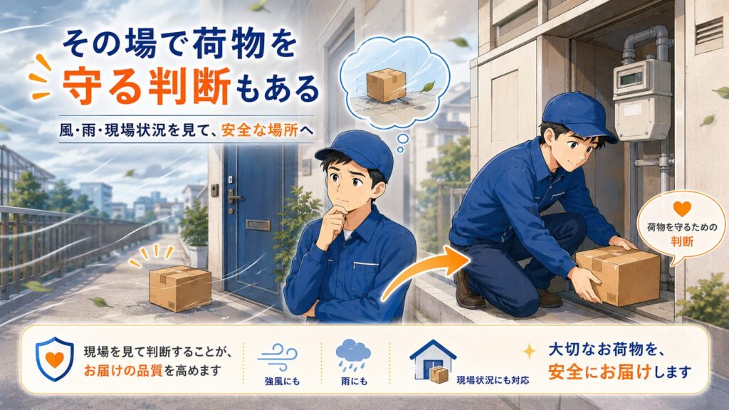 集合住宅の外廊下で強風に飛ばされそうな荷物を、配達員が現場状況を見て安全な場所へ移動している様子を描いたイラスト。風や雨に応じた臨機応変な判断を表している