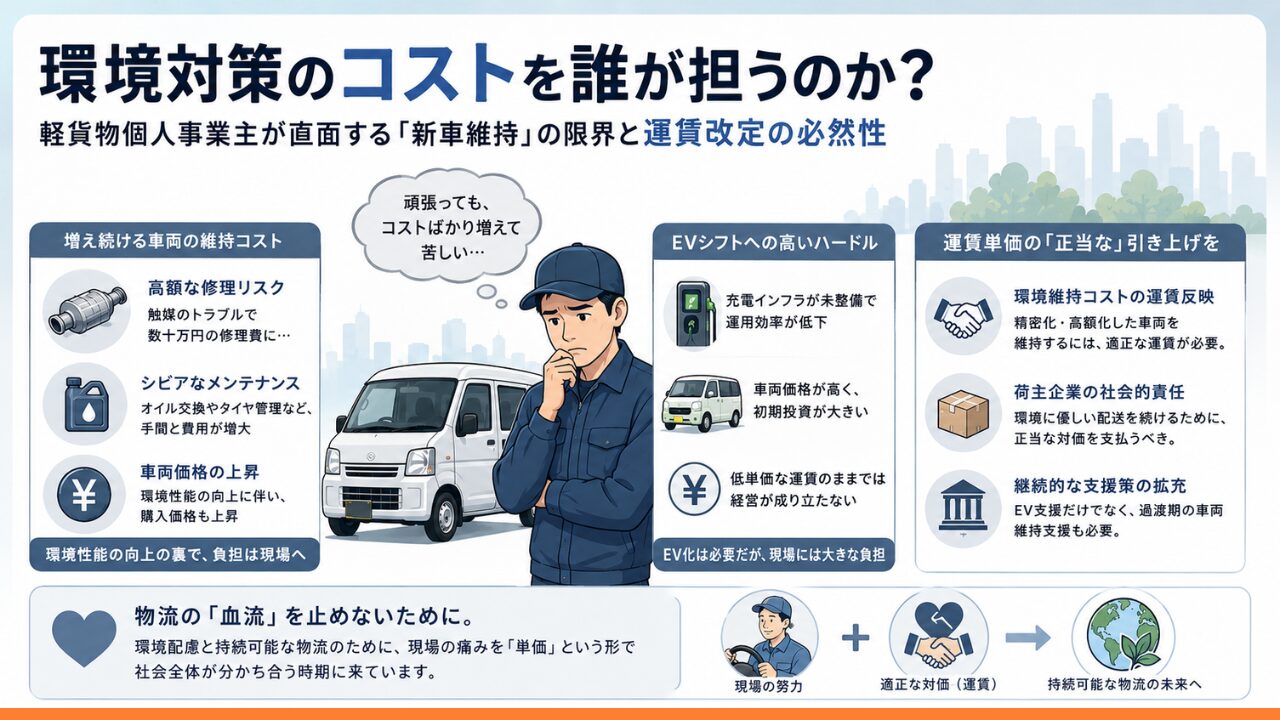 環境対策によって増加する軽貨物ドライバーの維持コストをテーマに、修理費・EV化・運賃問題を図解で整理したインフォグラフィック風アイキャッチ画像。悩む配達ドライバーと軽バンを中心に、環境性能向上の裏で現場負担が増している現状と、適正運賃の必要性を視覚的に表現している。