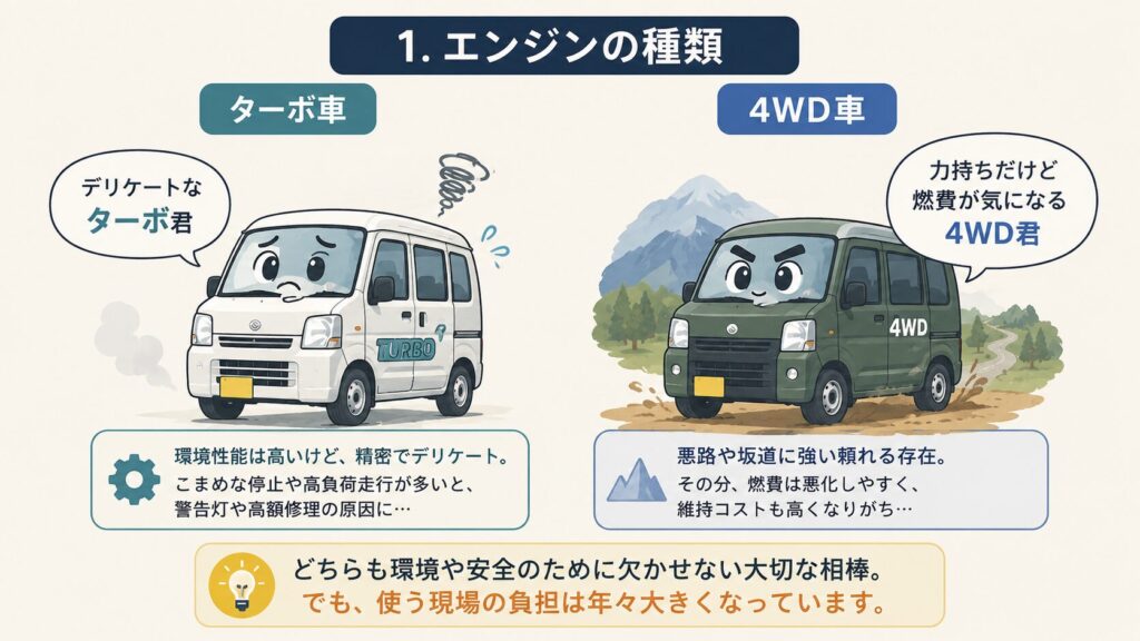 ターボ車と4WD車の違いを、親しみやすいキャラクター風の軽バンイラストで比較した図解。デリケートで繊細なターボ車と、悪路や坂道に強い一方で燃費や維持費の負担が大きい4WD車を、それぞれ吹き出し付きでわかりやすく表現している。