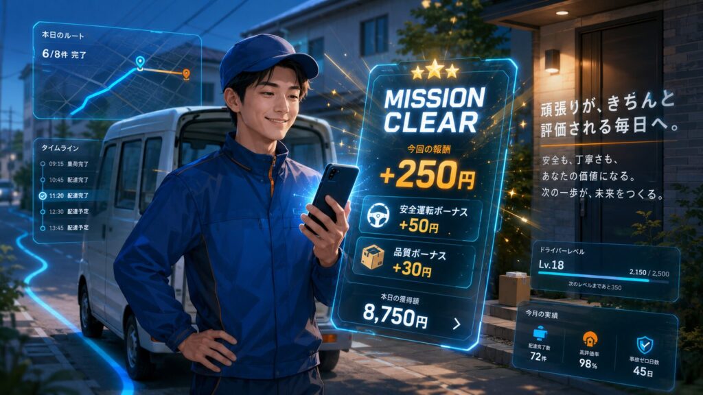 住宅街で配達を終えた青い制服のドライバーがスマートフォンを確認しており、画面の周囲に「MISSION CLEAR」「今回の報酬+250円」「安全運転ボーナス+50円」「品質ボーナス+30円」など、配達完了ごとの報酬を示す未来的なホログラム表示が浮かんでいる。後方には白い配送車と玄関先の荷物があり、ゲーム感覚で成果が見える理想の配達アプリを表している。