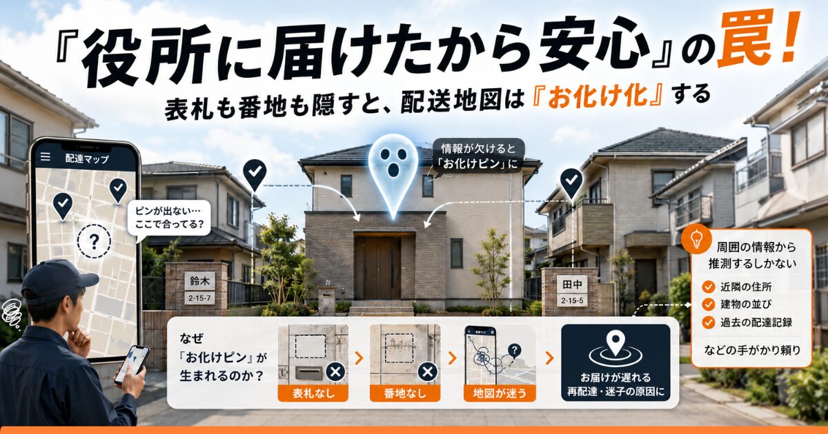 表札や番地が表示されていない住宅が、配送地図上で「お化けピン」として迷子データ化し、配達員が周囲の住所や過去の配達情報から場所を推測している様子を示した図解アイキャッチ画像。