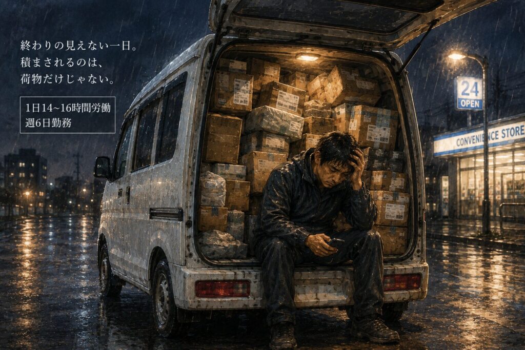雨の夜、荷物でいっぱいになった軽バンの荷室に座り込む疲弊した配達ドライバーを描いたイラスト。深夜のコンビニの明かりが反射する道路と積み上がった荷物が、長時間労働と過酷な物流現場の現実を静かに表現している。