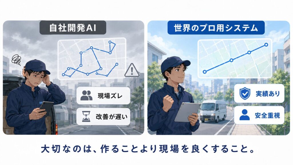 自社開発AIによる配送ルートと世界のプロ用システムを比較し、現場に合わないルートや改善の遅さがドライバーの負担につながる一方、実績あるプロ用システムでは安全性を重視した配送設計ができることを示した図解イラスト。