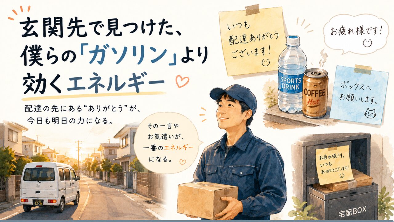 夕暮れの住宅街を走る黒ナンバーの軽配送車と、荷物を抱える配達ドライバーを中心に、「ありがとう」の付箋や飲み物、宅配ボックスなど、配達現場の温かいやり取りを描いたイラスト風アイキャッチ画像。配達員にとっての小さな気遣いが、大きなエネルギーになる様子を表現している。
