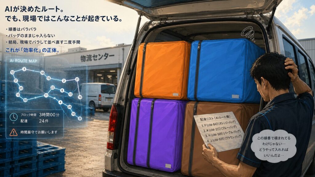AIが決めた配達ルートと、実際の積み込み現場で起きるズレを表した図解イラスト。物流センター前で、配達員がAIルート順のリストを確認しながら、車内に積まれたバッグの順番や配置が合わず困っている様子が描かれている。左側にはAIルートマップと時間指定の表示があり、効率化の裏で現場に二度手間が生まれていることを示している。