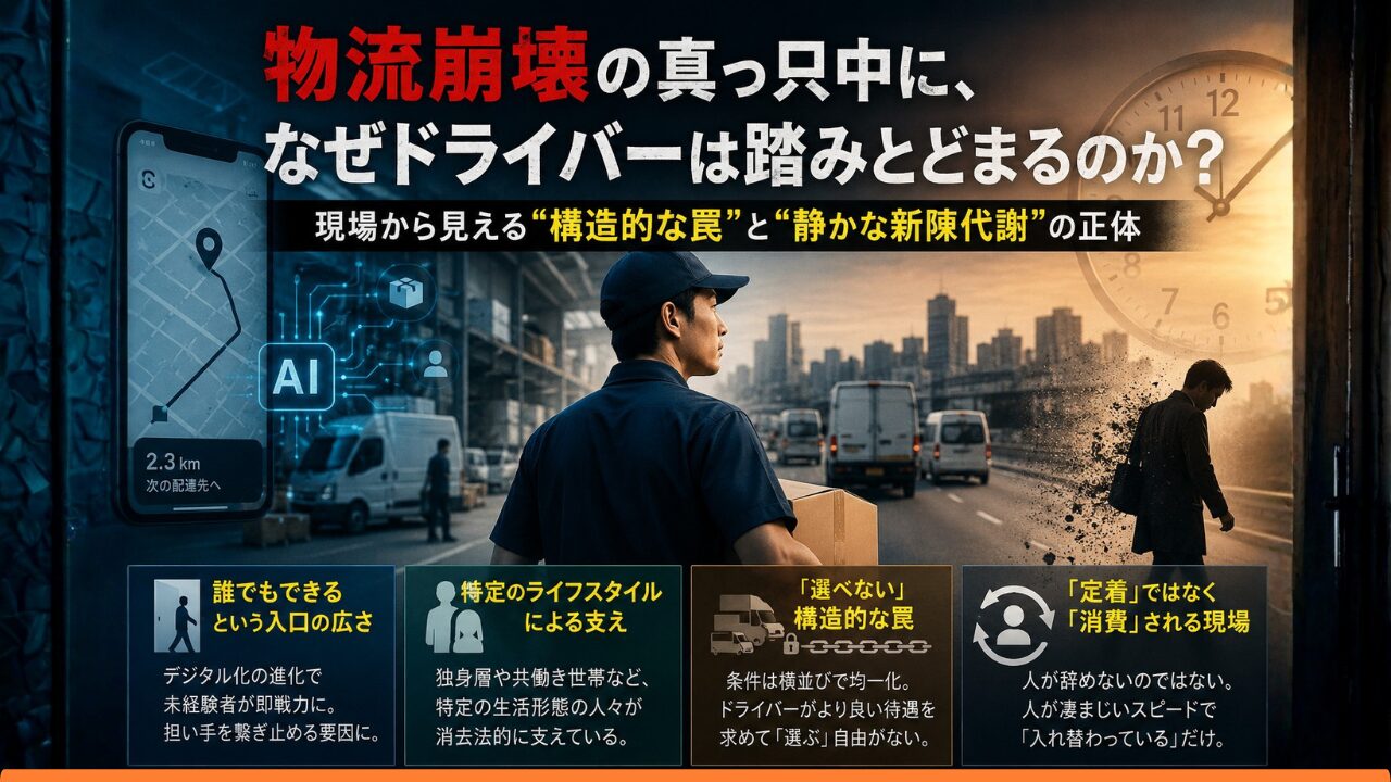 物流崩壊をテーマに、配達ドライバーが都市と配送車を背景に立ち、AI配送アプリ・構造的な罠・人材の入れ替わりといった現場課題を図解で示したアイキャッチ画像。