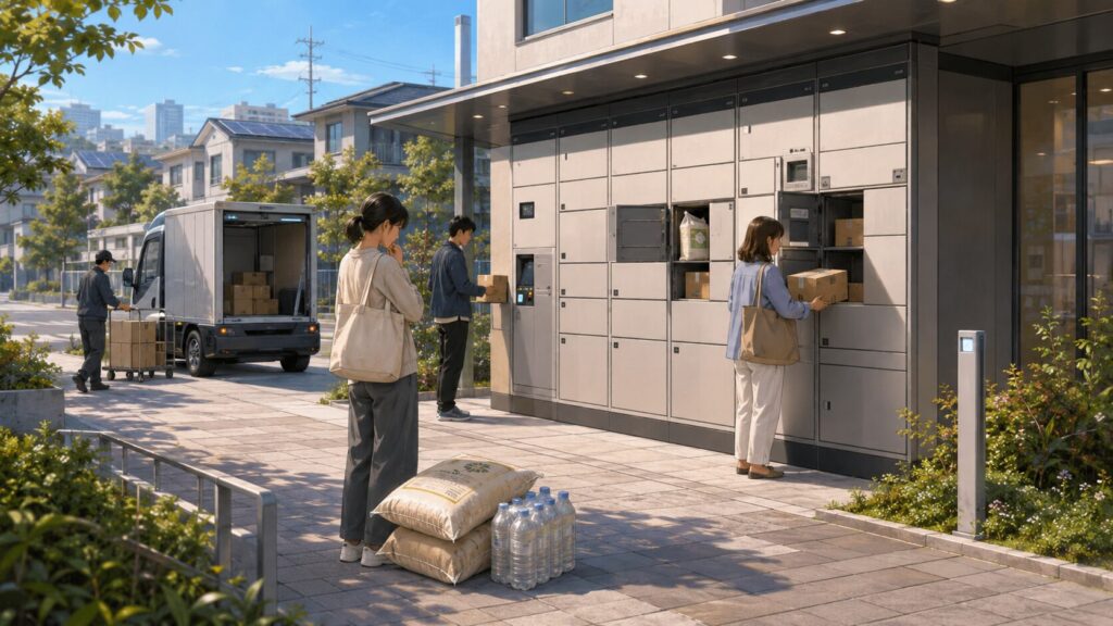 地域物流ハブの一角にある近未来の大型共同宅配ロッカーで、住民たちが荷物を受け取る中、1人の住民が20kgの米袋や水ケースの重さに少し困っている様子を描いた、便利さの裏に残る負担を示す物語調イラスト。