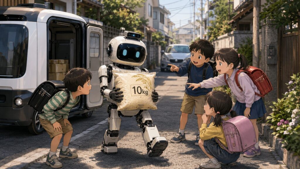 自動運転の配送車から降りた配達ロボットが、10kgの米袋を抱えたまま下校中の小学生たちに囲まれてフリーズし、狭い住宅街の路地で立ち往生している様子を描いた物語調のイラスト。