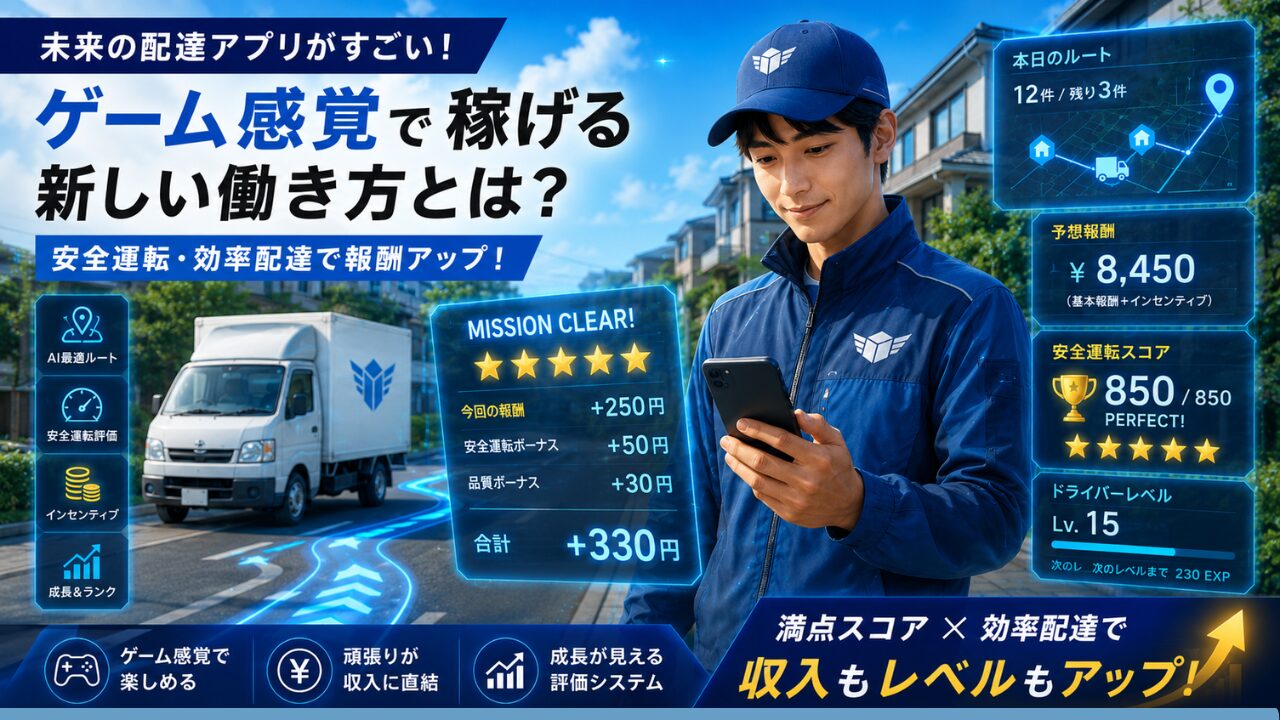 未来的な配達アプリをテーマにしたアイキャッチ画像。青い制服の配達ドライバーが住宅街でスマートフォンを確認しており、周囲にはAI最適ルート、配達完了報酬、安全運転スコア850点、ドライバーレベル、インセンティブなどを示すゲーム風のホログラムUIが表示されている。安全運転や効率配達が評価され、収入やレベルアップにつながる理想の配達アプリを表している。