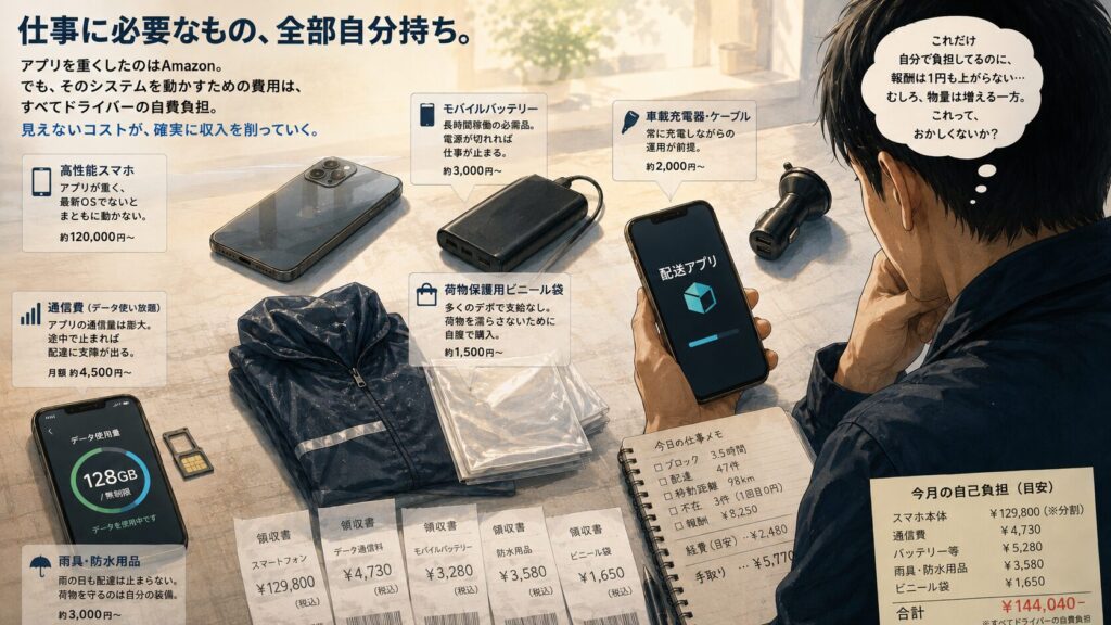 配達の仕事に必要な道具や費用が、すべてドライバーの自費負担であることを示した図解イラスト。机の上に高性能スマホ、モバイルバッテリー、車載充電器、雨具、荷物保護用ビニール袋、通信費の表示、複数の領収書が並び、右側ではドライバーが「配送アプリ」と表示されたスマホを見つめながら負担の重さに悩んでいる。ノートには配達件数や走行距離、報酬と経費のメモがあり、右下には月間の自己負担額の目安がまとめられていて、見えないコストが収入を削っていく現実を表している。