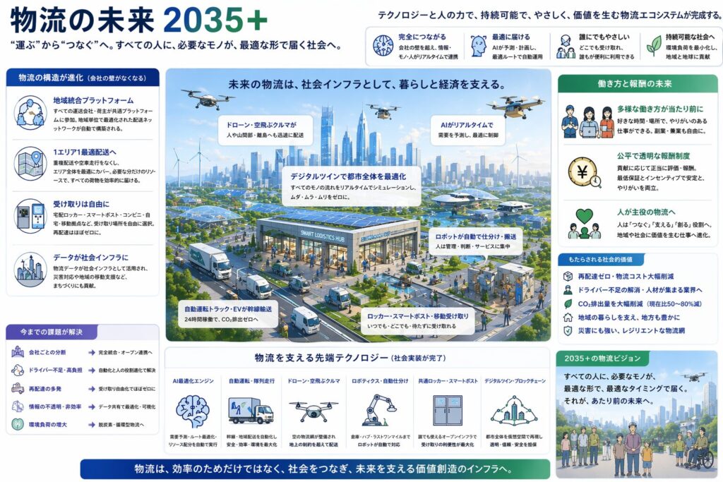 物流の未来2035+を示すロードマップ。ドローン、自動運転トラック、AI、デジタルツインなどの先端テクノロジーと人の力が融合し、持続可能で価値を生む物流エコシステムが完成した社会を描いたインフォグラフィック。