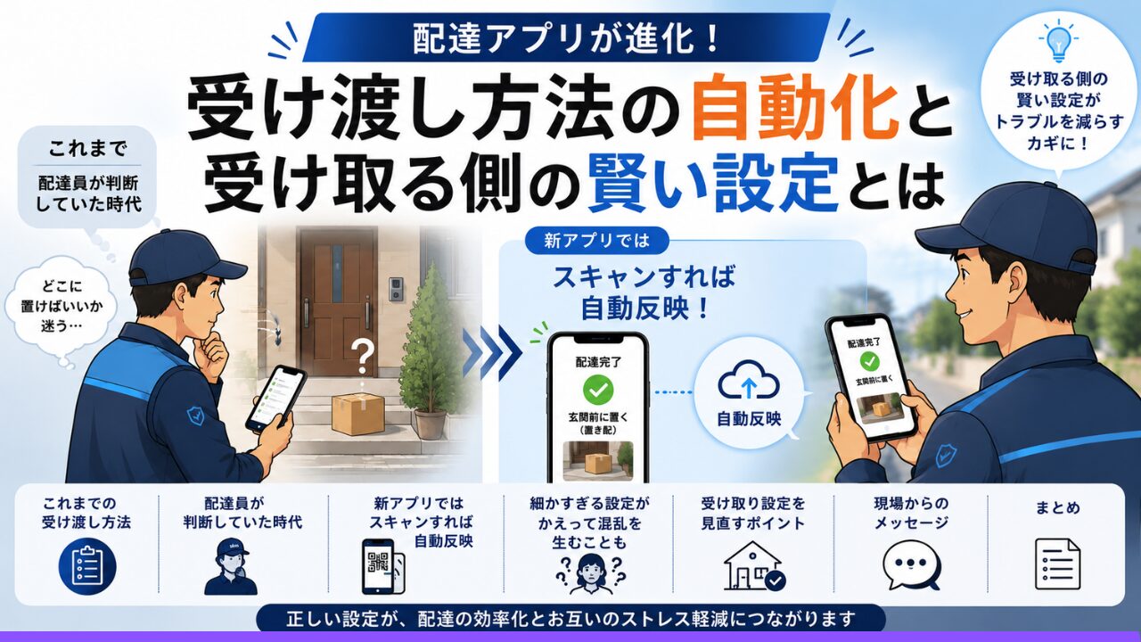 配達アプリの進化により、受け渡し方法が自動反映される流れを説明した図解イラスト。配達員が置き場所に迷う従来の場面と、スキャン後に受け取り設定が反映される新しい流れを対比し、受け取る側の正しい設定がトラブル軽減につながることを示している。