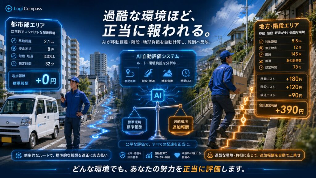 都市部の効率的な配達エリアと、地方や階段の多い過酷な配達エリアを比較した未来的な図解。左側には住宅が密集した都市部で配達するドライバー、右側には坂道や長い階段を荷物を持って上がるドライバーが描かれ、AIが移動距離・階段・坂道などの負担を自動計算して、追加報酬として反映する仕組みを表している。