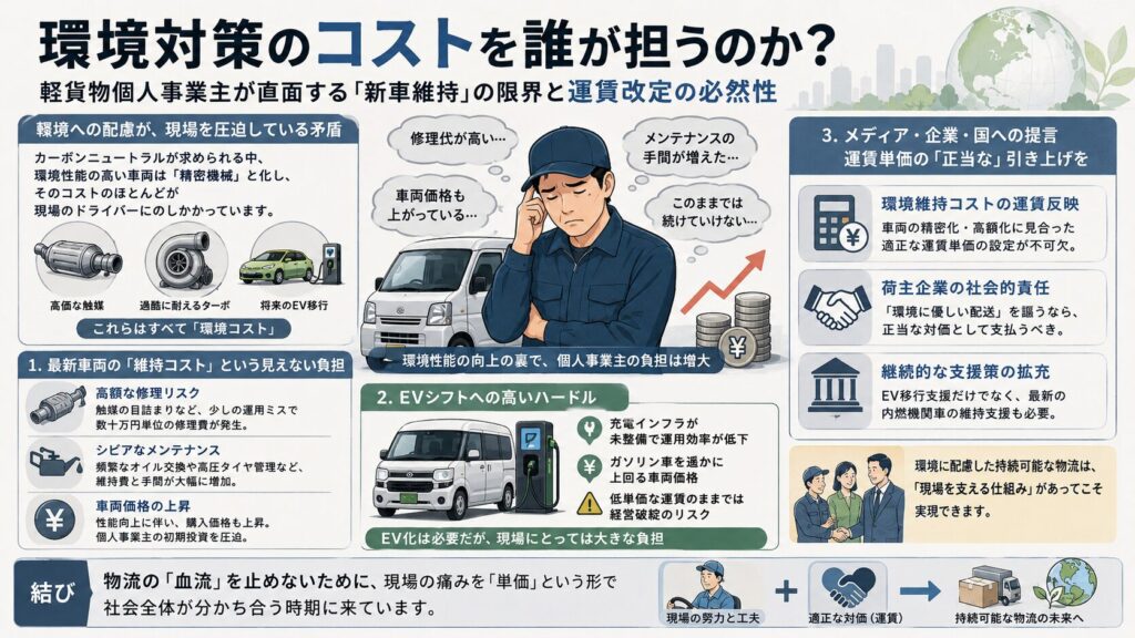 夕暮れの住宅街で、環境性能の高い軽配送車と向き合う配達ドライバーの姿を描いたイラスト。環境対策が進む一方で、最新車両の維持費や修理負担を現場が抱えている現実と、それでも物流を支え続けるドライバーの責任感や孤独感を表現している。
