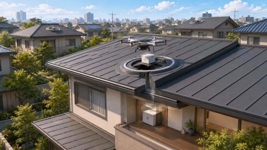 一軒家の屋根に設置されたスマート・ドローンポートへ小型配送ドローンが静かに着陸し、薬箱のような軽い荷物を家の中の受け取りボックスへ送る仕組みを描いた、明るい近未来の物語調イラスト。