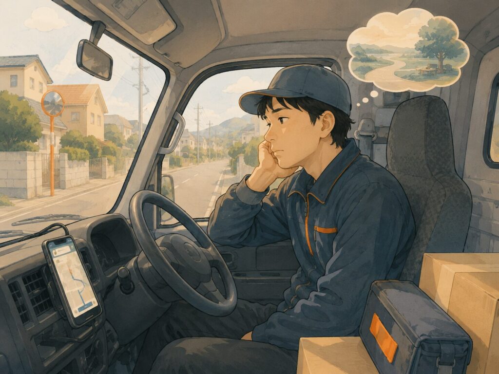 軽バンの運転席で考え込むドライバー