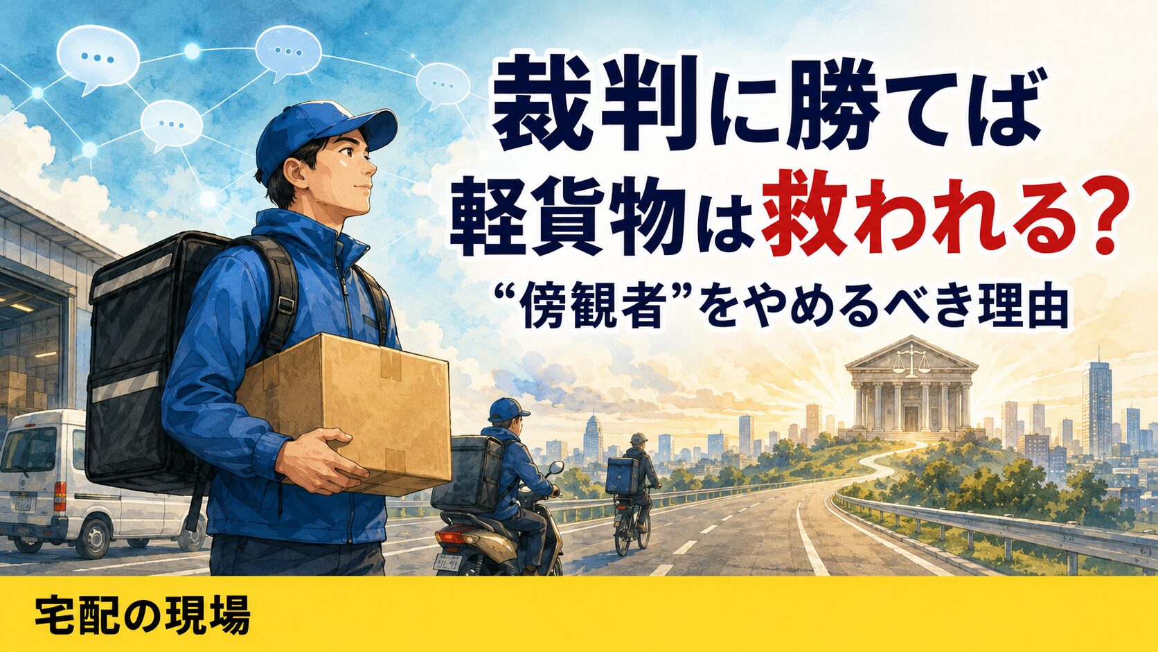 荷物を抱えた配達員が、倉庫前から裁判所へ続く道の先を見つめている。周囲には配達員や配送車、声のつながりを示す吹き出しが描かれ、裁判の勝利だけでなく、ドライバー自身が傍観者をやめて声を上げる必要性を表したアイキャッチ画像。