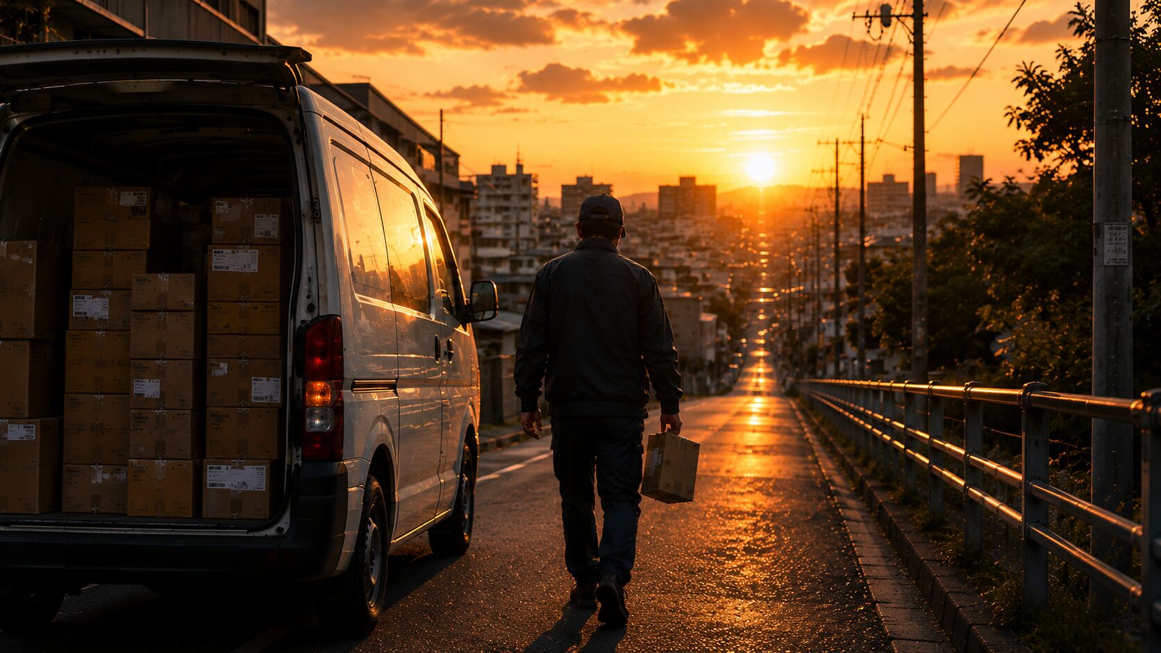 夕焼けに照らされた坂道で、荷物を積んだ軽貨物車の横を、段ボールを持った配達ドライバーが歩いている様子。セール期の大量配送を終えきれない現場の疲労感と、それでも配達を続けるドライバーの背中を表現している。