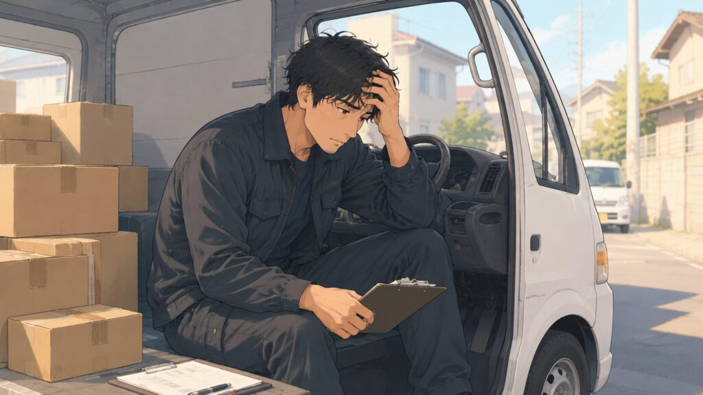 荷物が積まれた軽バンの中で、黒い作業着の委託ドライバーが頭に手を当てながら疲れた表情で座っている。手元には業務用の書類やクリップボードがあり、車内には段ボールが積まれている。背景には住宅街の道路が見え、吹き出しのようなイメージには分かれ道に立つ人物が描かれ、個人事業主として働くことへの迷いや「本当に自己責任なのか」と考える心情が表現されている。