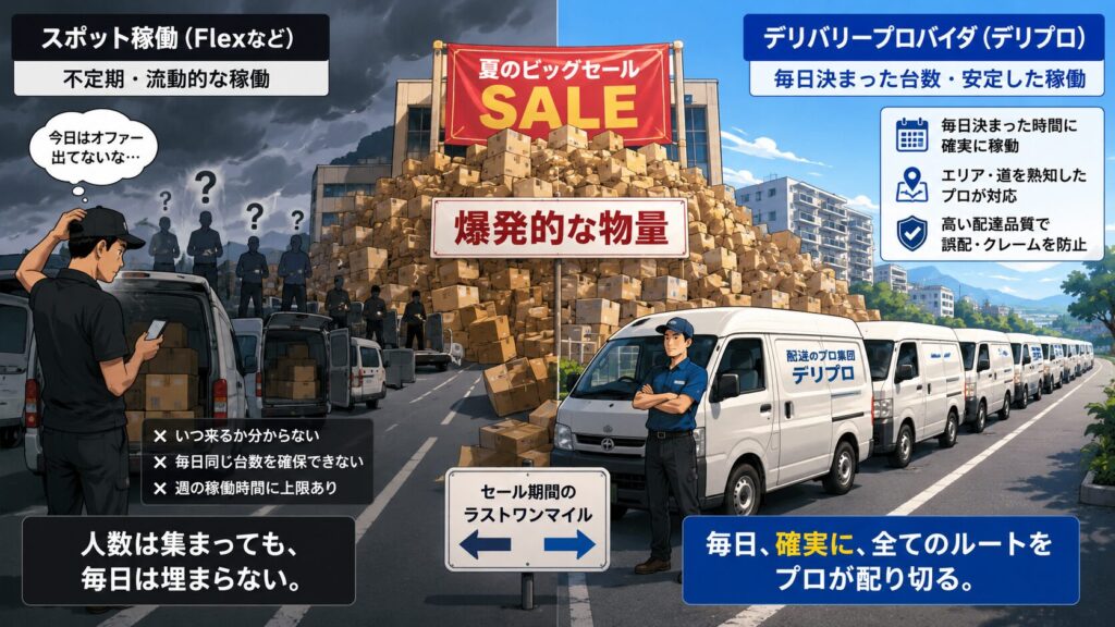 夏の大型セールによる爆発的な荷物量をテーマにした比較イラスト。中央には大量の段ボールが山積みになり、「爆発的な物量」と書かれた看板が立つ。左側には不定期に稼働するスポットドライバーたちが不安そうにスマートフォンを確認しながら集まっており、暗い空が広がる。右側には整列した配送車両と腕を組んだプロドライバーが描かれ、安定した配送体制を象徴する明るい青空が広がる。セール期の物流を支える上で、スポット稼働と継続的なプロ配送網の違いを対比的に表現したイラスト。